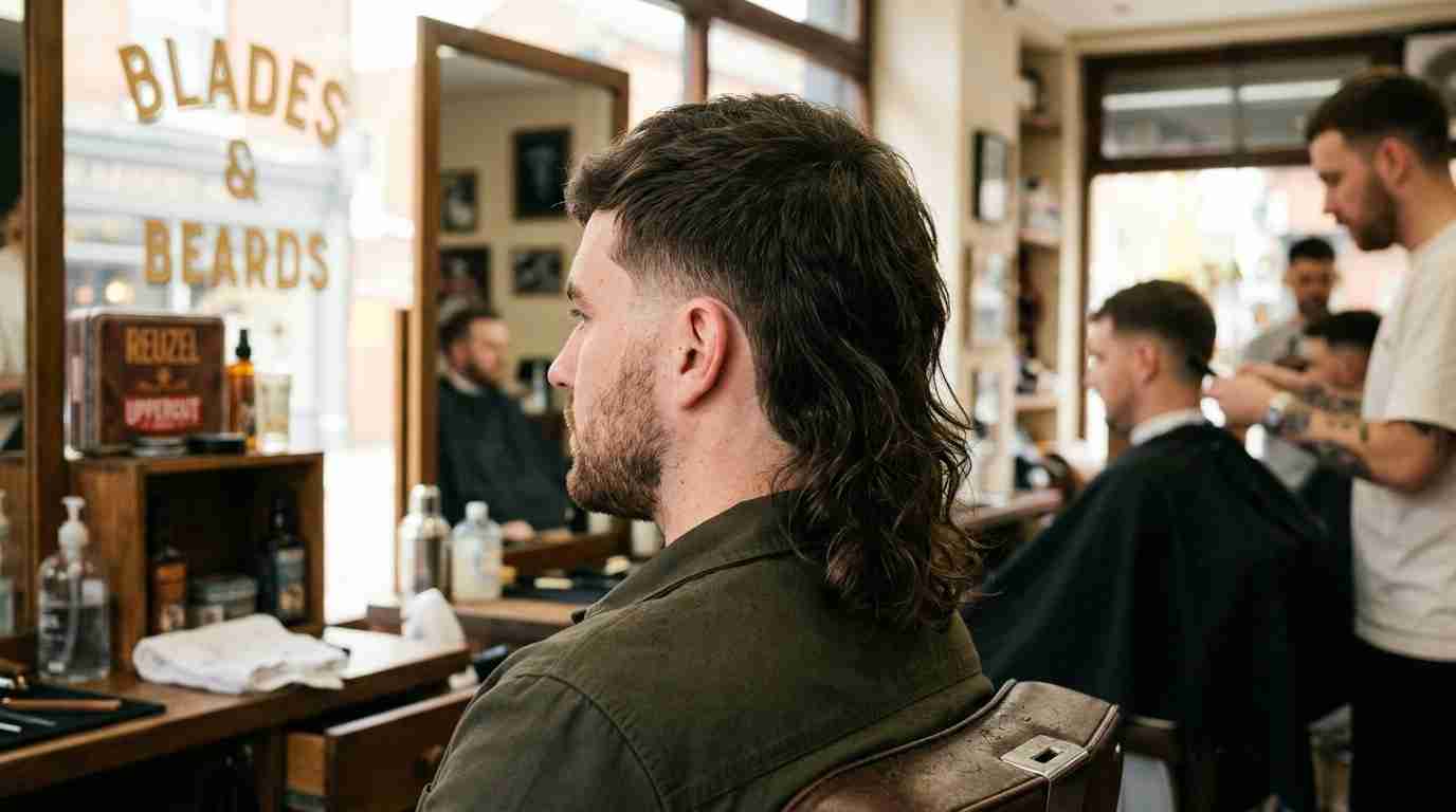 low burst fade mullet UK barbershop side and back view 
