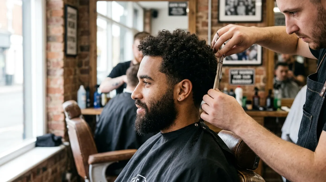 scissor fade UK natural texture curly hair barbershop