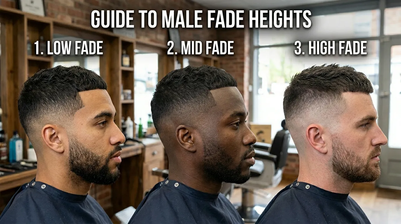 Types of Fades UK: 11 Proven Styles & Exact Guard Sizes 1 Low fade vs mid fade vs high fade haircut comparison UK