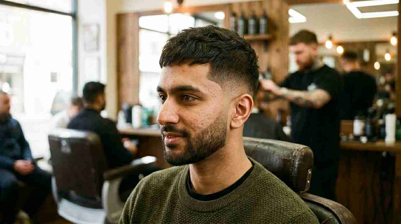 low burst fade textured crop UK barbershop side view professional style