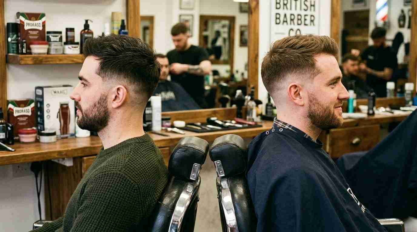 low burst fade arc position compared to mid burst fade UK barbershop side view