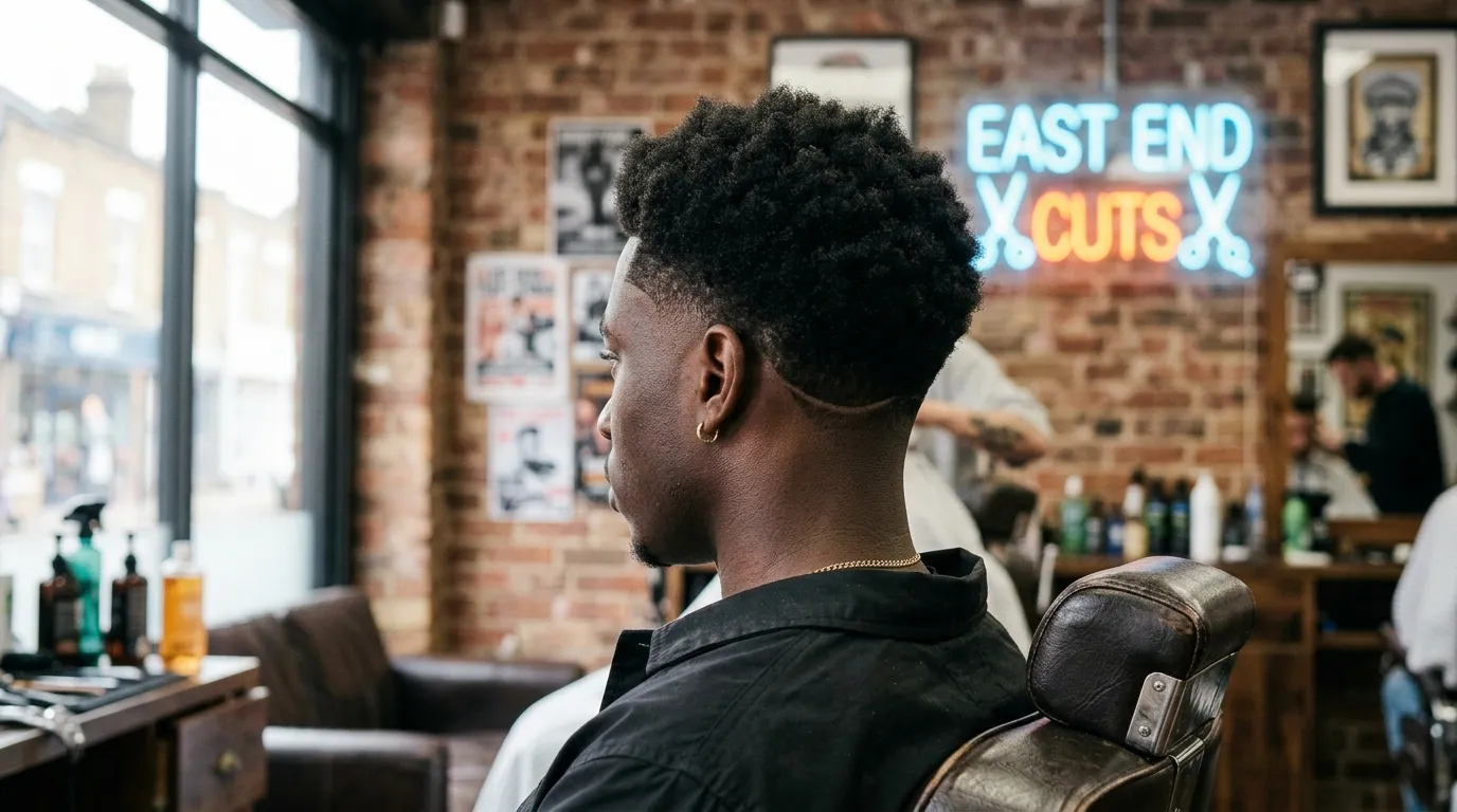 High drop fade UK haircut on Black male model showing bold fade line above temple high contrast sides sharp curved neckline barbershop setting