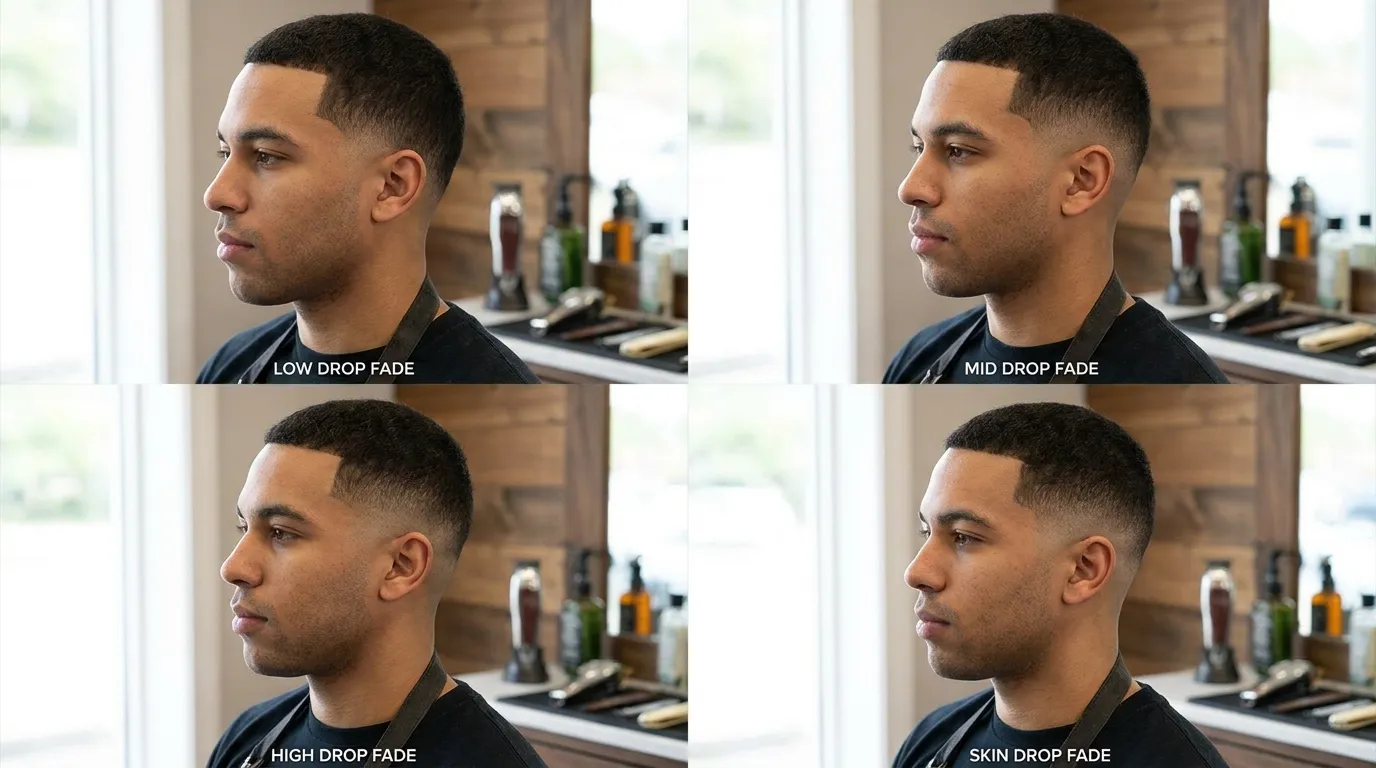 Drop fade height comparison low mid high and skin fade on same male model UK barbershop four panel educational guide showing fade start positions