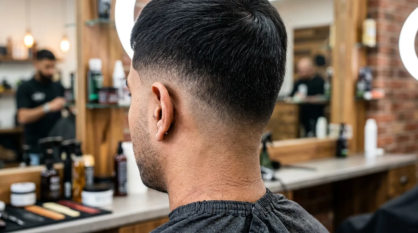 Skin drop fade UK haircut showing bare skin fade to zero at neckline curved line behind ear maximum contrast on South Asian male model sharp