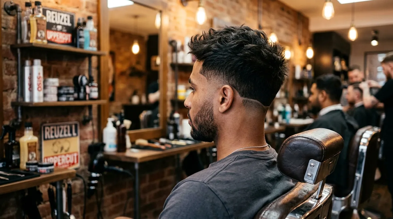 Mid-drop fade UK haircut on mixed-race male model showing curved fade line at temple height, medium-contrast sides, barbershop natural lighting
