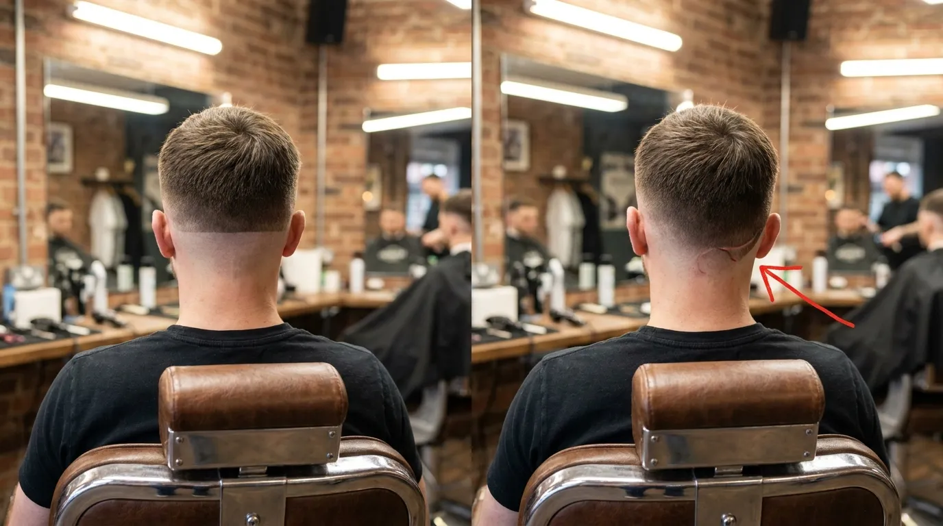Drop Fade UK: 4 Heights & 1 Curve Most Barbers Miss 1 Drop fade curved line versus straight standard fade line comparison rear view on male model UK barbershop showing exact difference behind ear