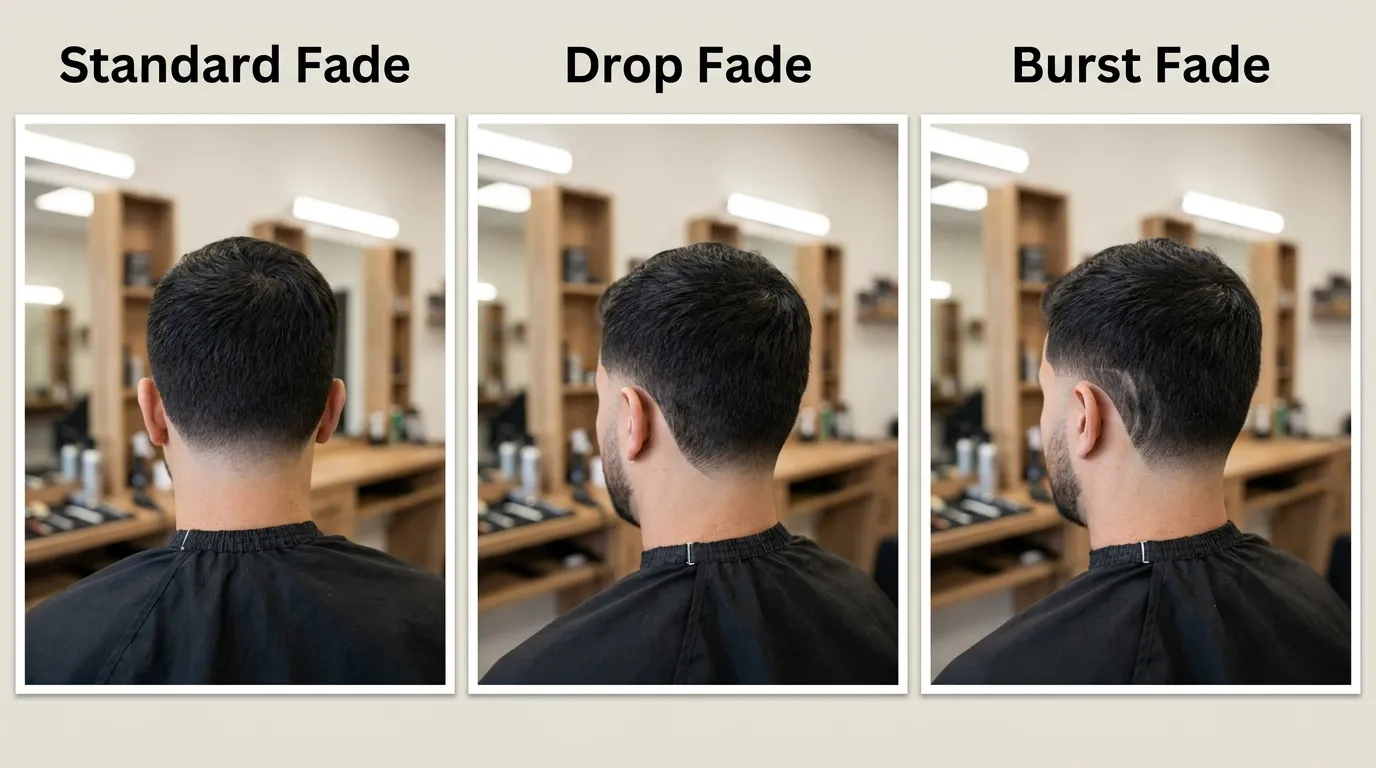 Drop Fade UK: 4 Heights & 1 Curve Most Barbers Miss 3 Three-way comparison: drop fade versus burst fade versus standard fade rear view UK barbershop showing different fade line shapes on male models