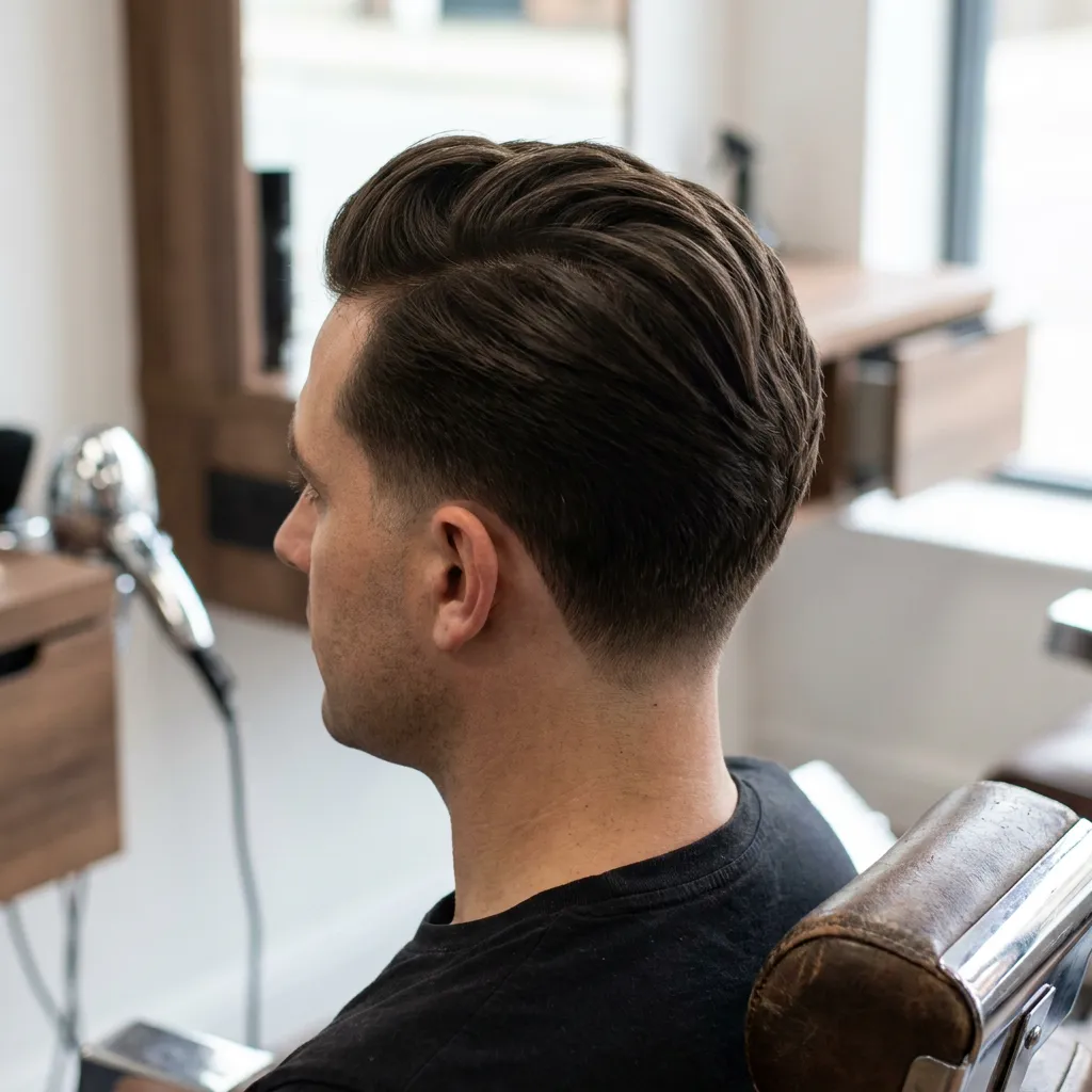  Low drop fade UK haircut on white male model showing subtle curved fade line just above ear level professional office appropriate hairstyle