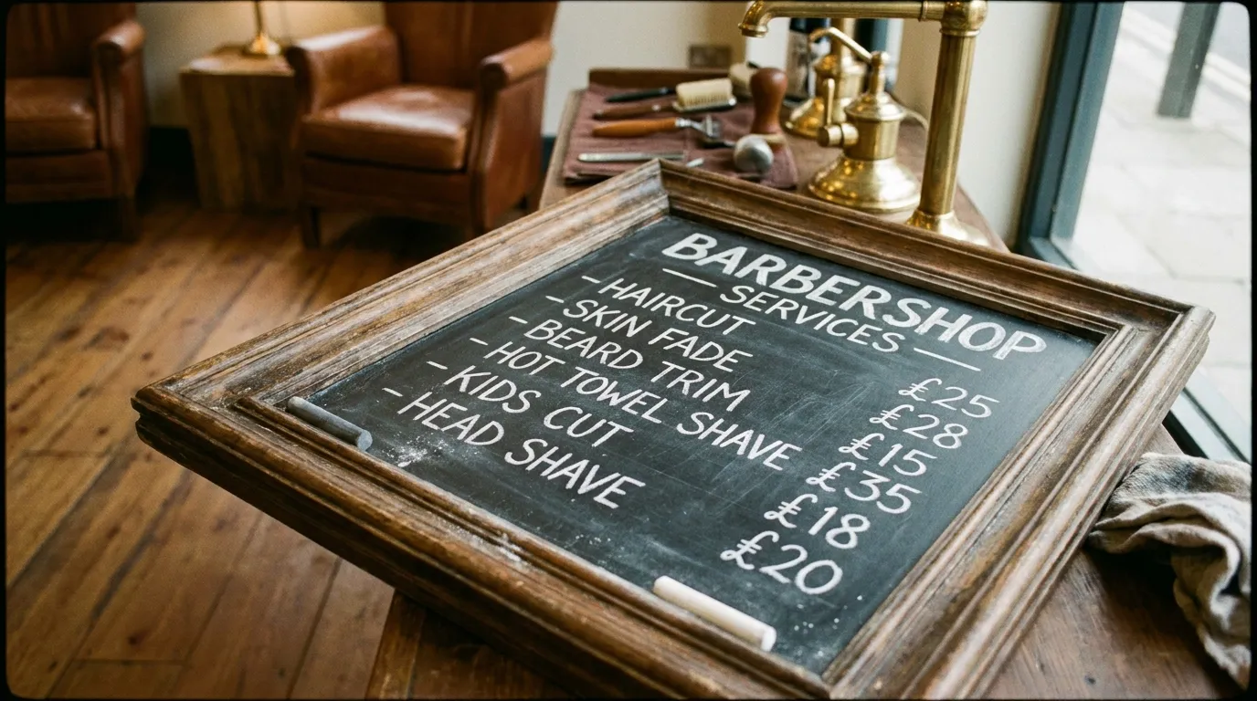 Temple Fade UK: 6 Guard Sizes, Cost & How to Ask Your Barber 7 UK barbershop price board showing typical haircut pricing