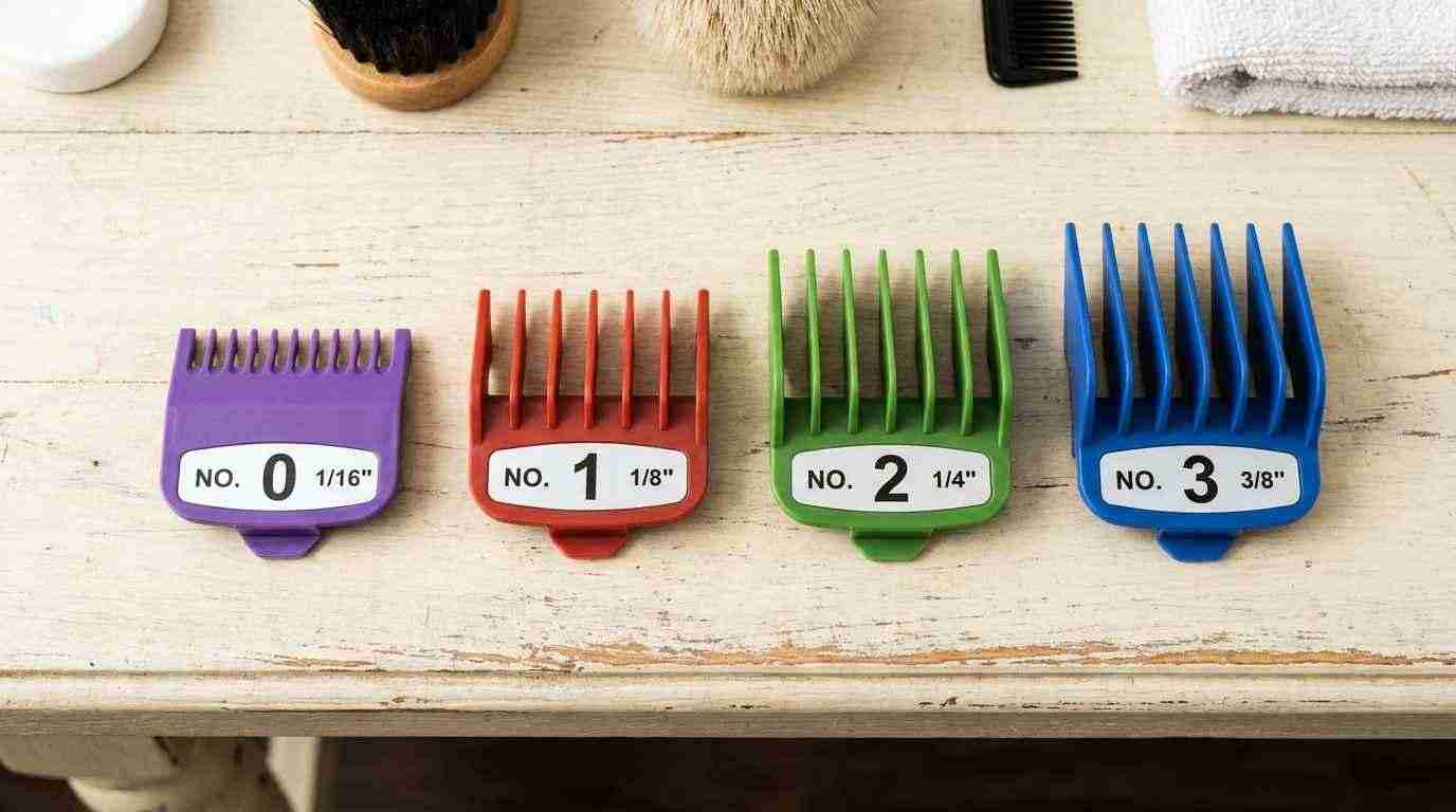 Clipper guard sizes lined up for a temple fade, 0 to 3