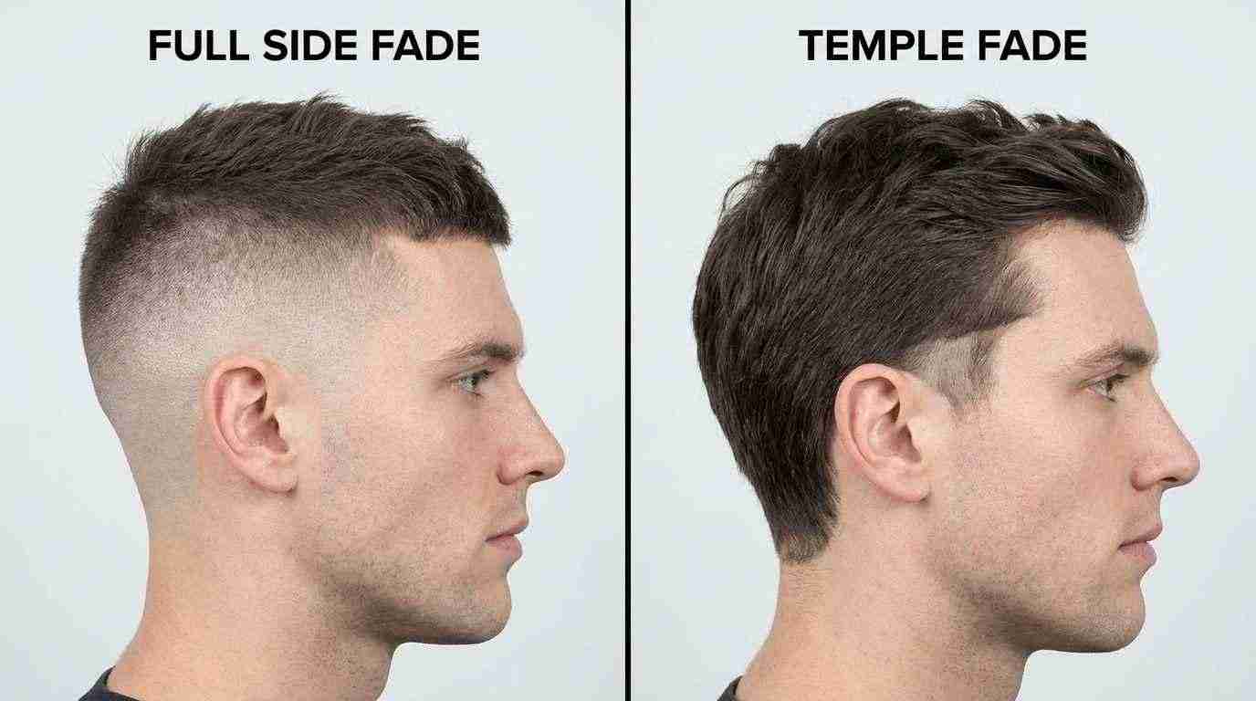 Comparison of temple fade vs full skin fade coverage area